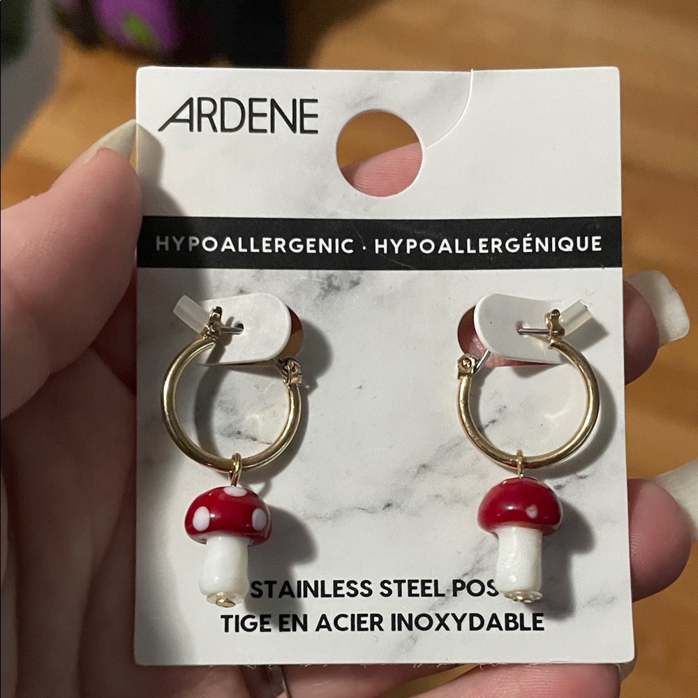 Ardene Gold Hoop Earrings with Red & White Mushroom Charms